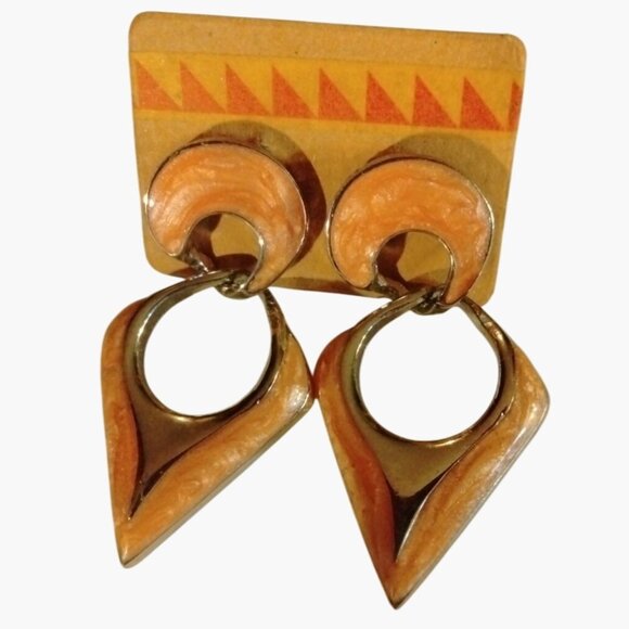 Earrings Post Orange Gold Geometric Art Deco Design - Picture 1 of 4